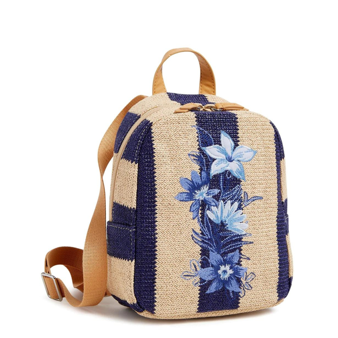 Vera Bradley Mini Straw Backpack- Navy Stripe