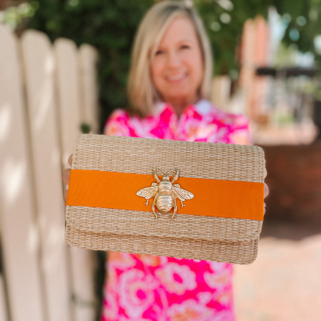 Lisi Lerch Ruby Straw Clutch with Bee - Tangerine Band
