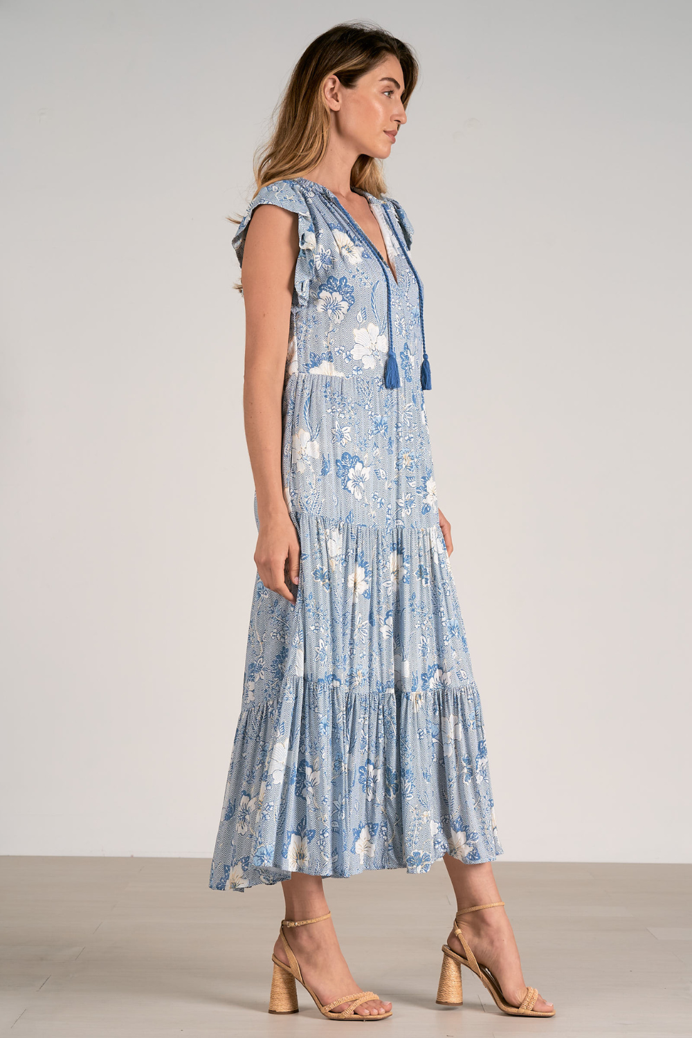 Elan Meredith Tiered Midi Dress - Blue Leaf Floral