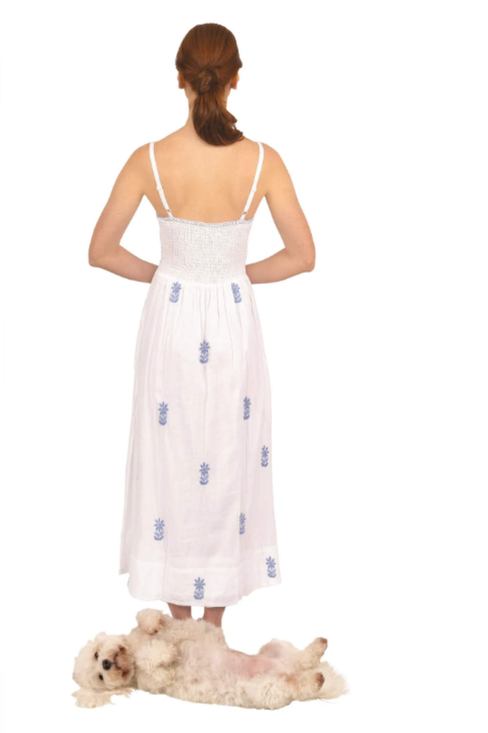 Gretchen Scott Fiesta Time Maxi Dress Hand Embroidered- White & Periwinkle