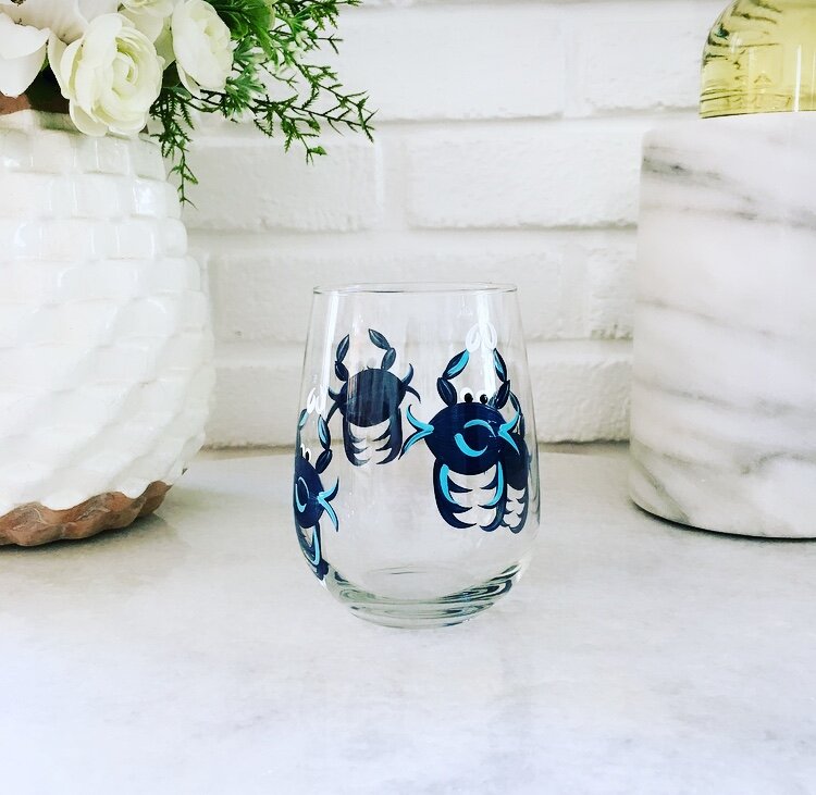 Wine by Design Hand-painted Crab Stemless Wine Glass