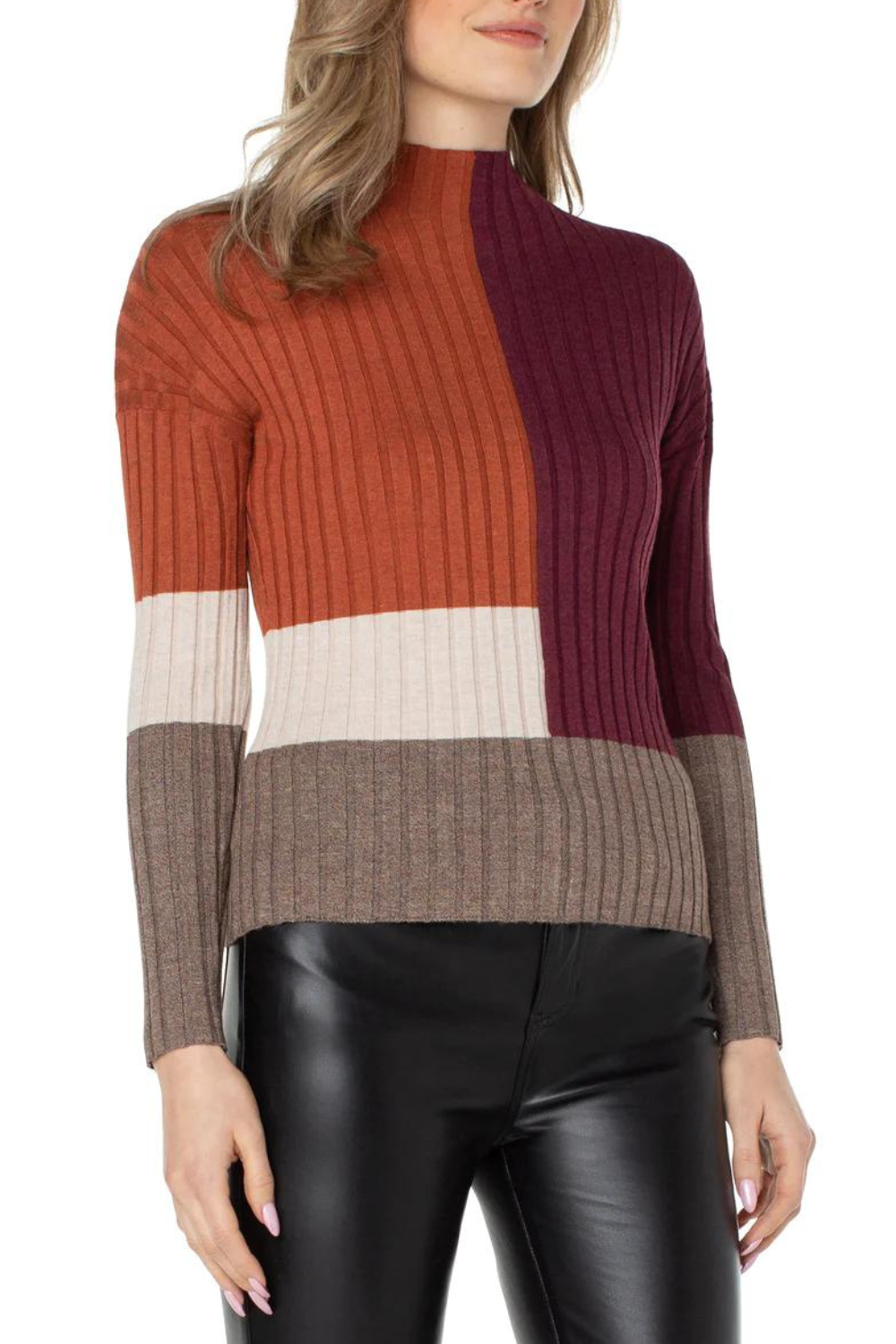 Liverpool Mock Neck Colorblock Sweater - Burgundy & Rust