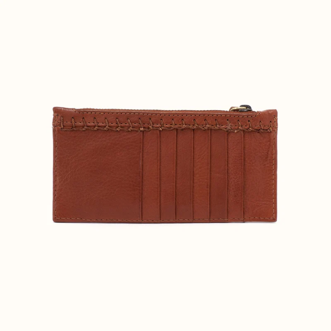 A brown leather card holder wallet with vertical card slots, decorative stitching along the top, and a zip closure, shown on a plain white background.