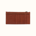 A brown leather card holder wallet with vertical card slots, decorative stitching along the top, and a zip closure, shown on a plain white background.