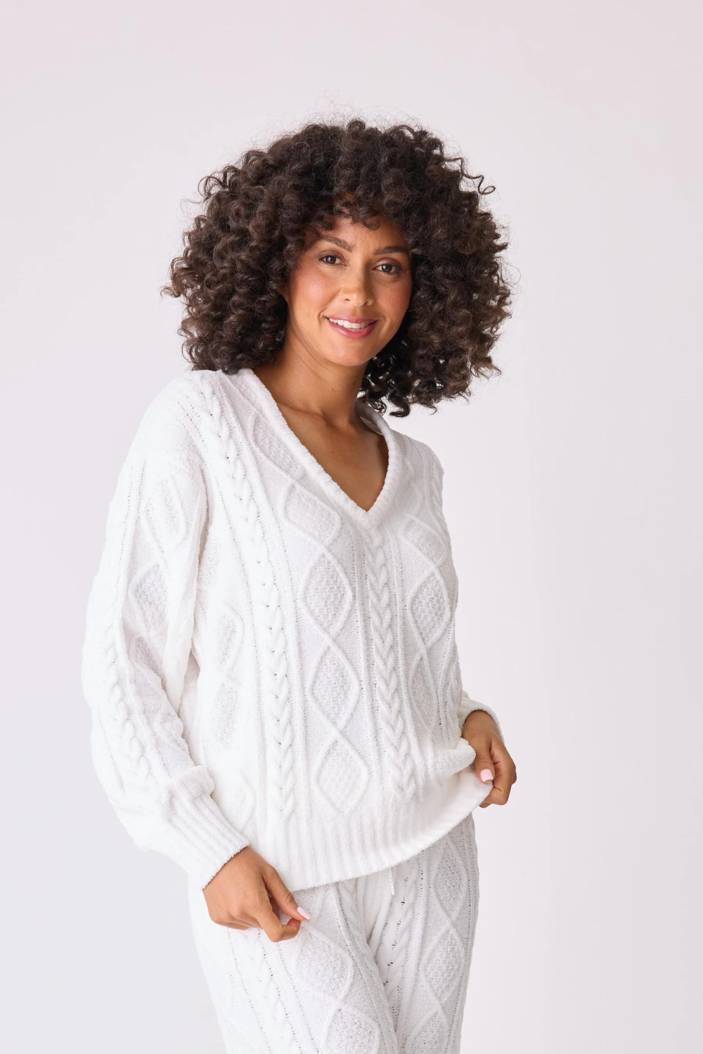 P.J. Salvage Long Sleeve Cable Crew Lounge Top - Ivory