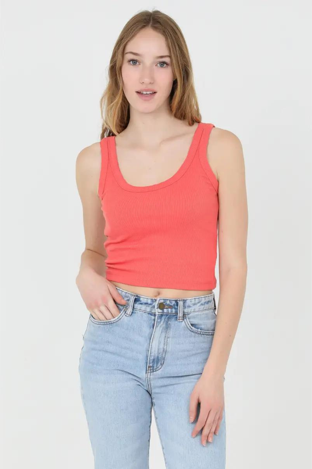 Angie Ribbed Scoop Neck Tank Top - Sunset Coral