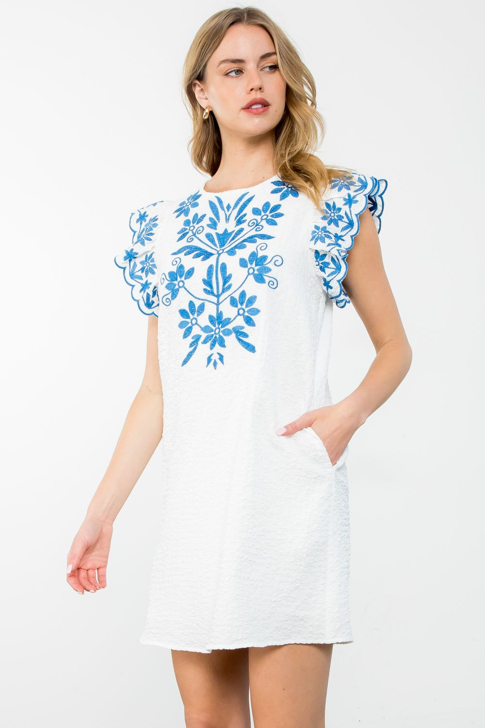 THML Flutter Sleeve Embroidered Dress