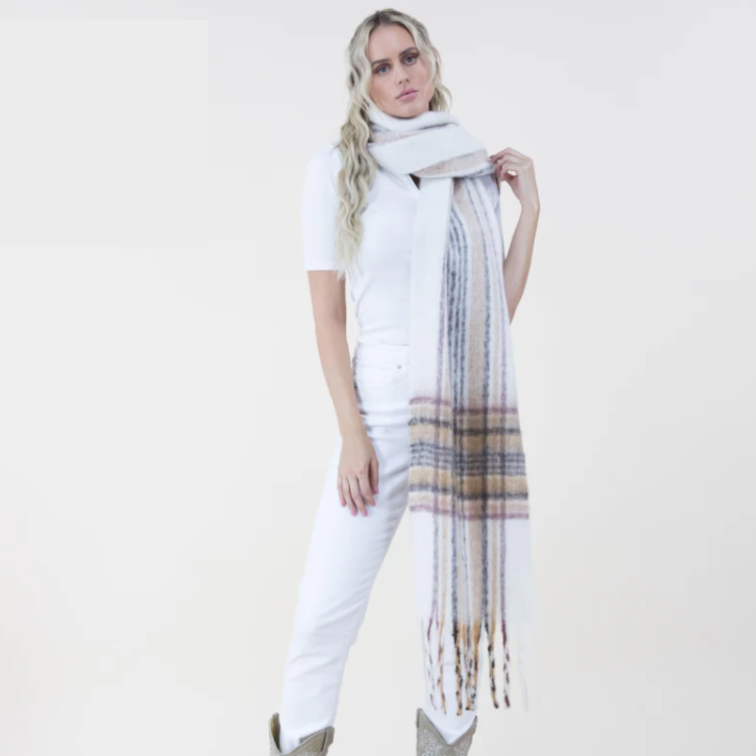 Very Moda Boho Madras Plaid Scarf - Beige