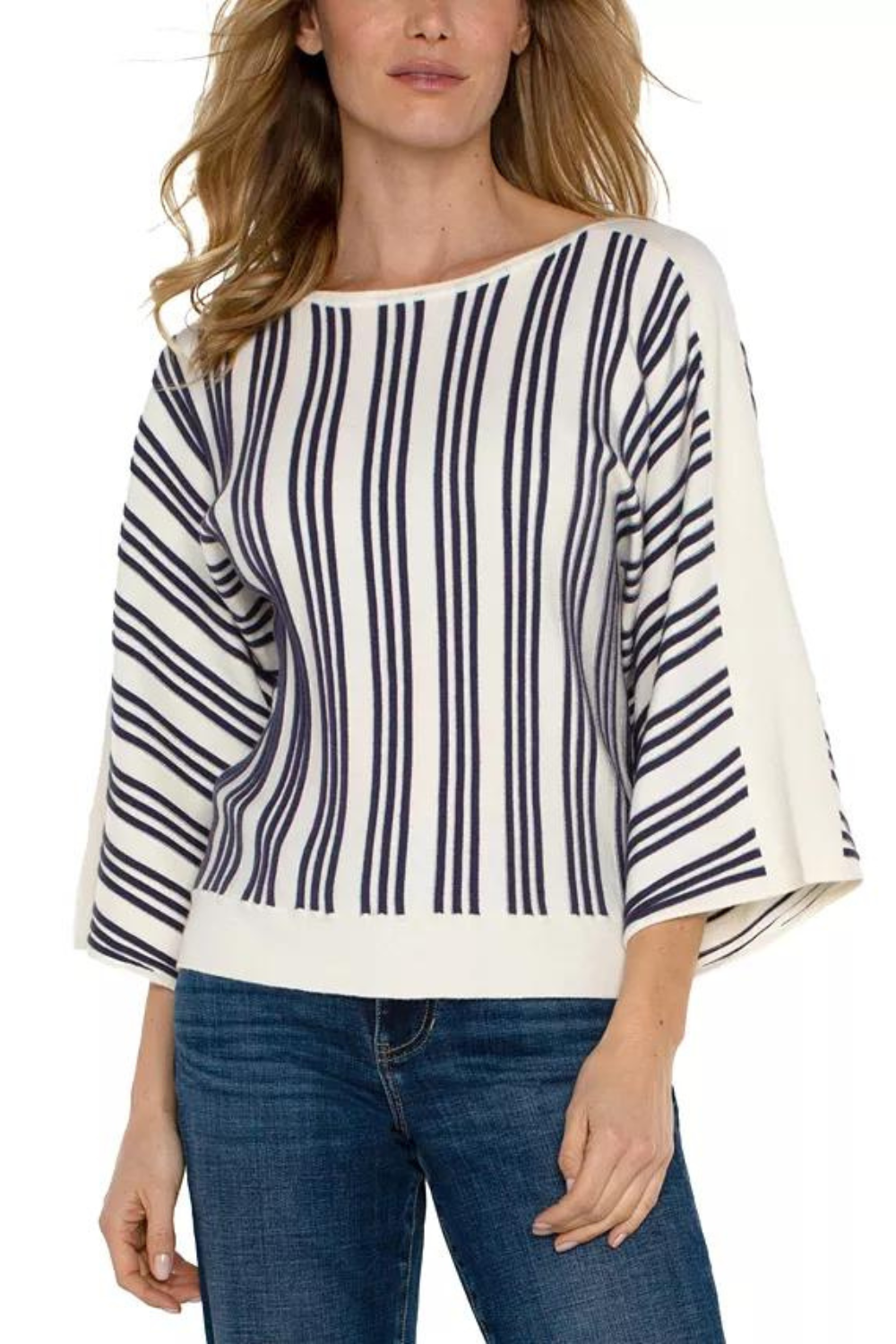 Liverpool 3/4 Sleeve Boat Neck Dolman Sweater - Cream & Navy Stripe