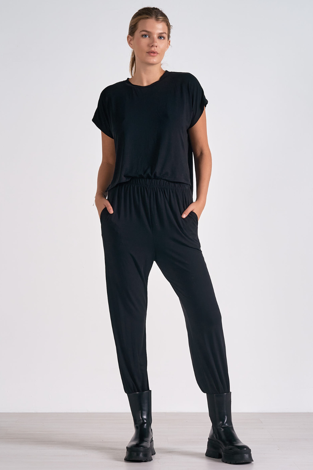 Elan Black Short-sleeved Jumpsuit