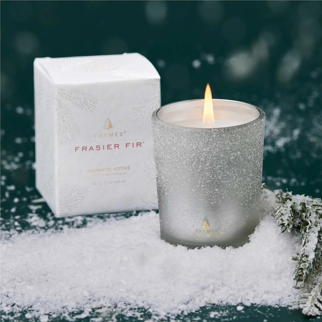 Thymes Flocked Votive Candle - Fraiser Fir