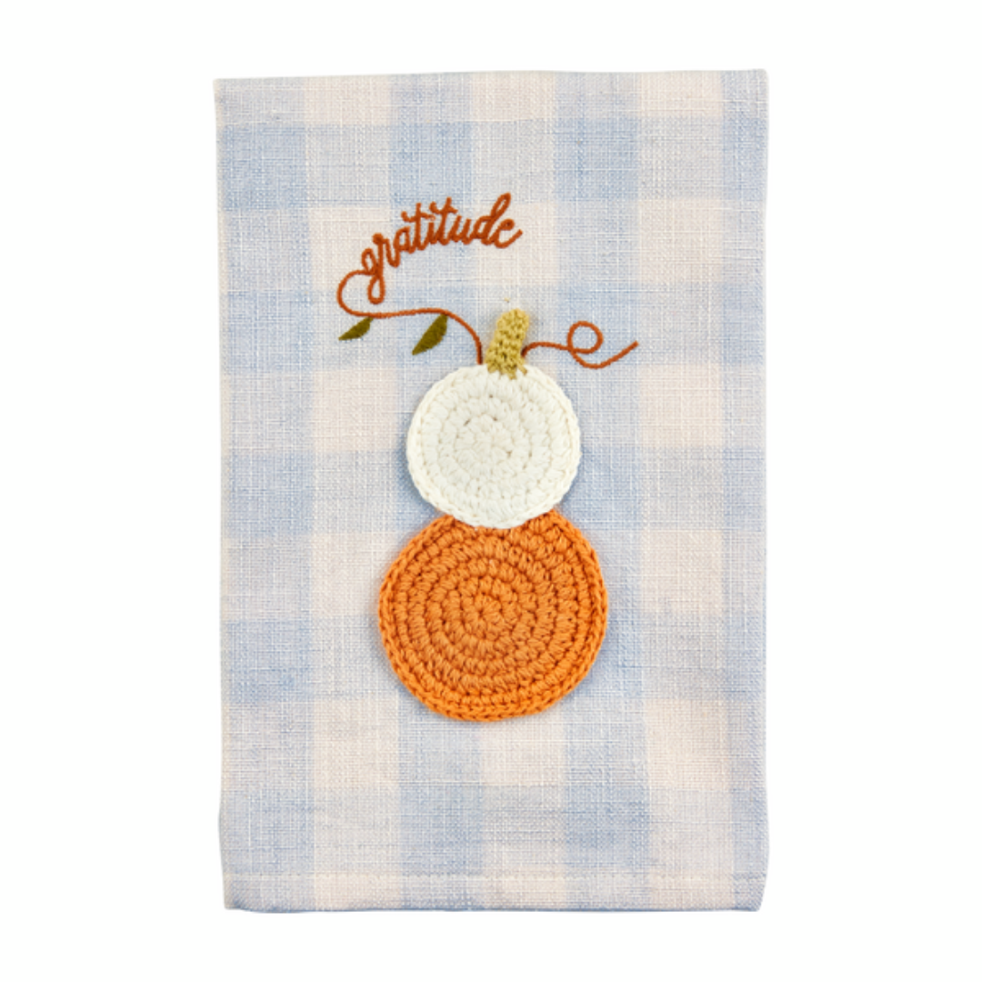 Mud Pie Crochet Pumpkin Check Towel