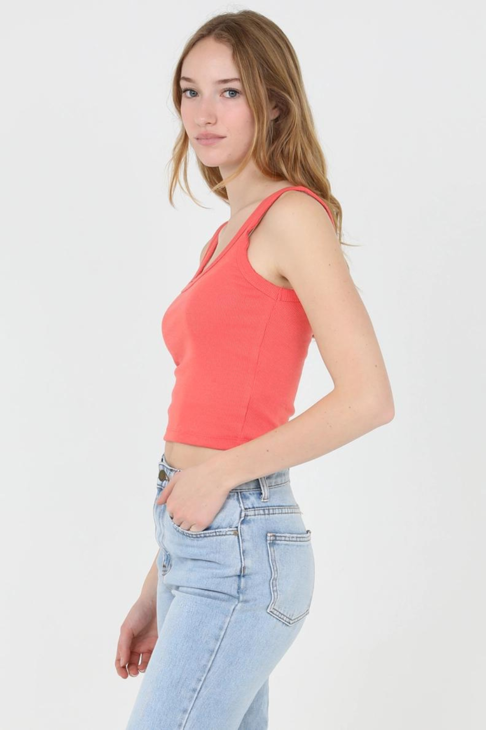 Angie Ribbed Scoop Neck Tank Top - Sunset Coral