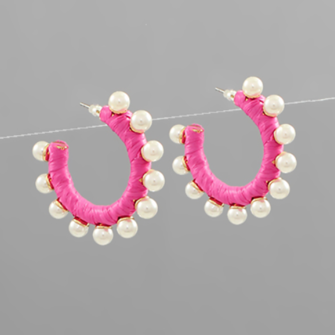 Wrapped Raffia and Pearl Hoops