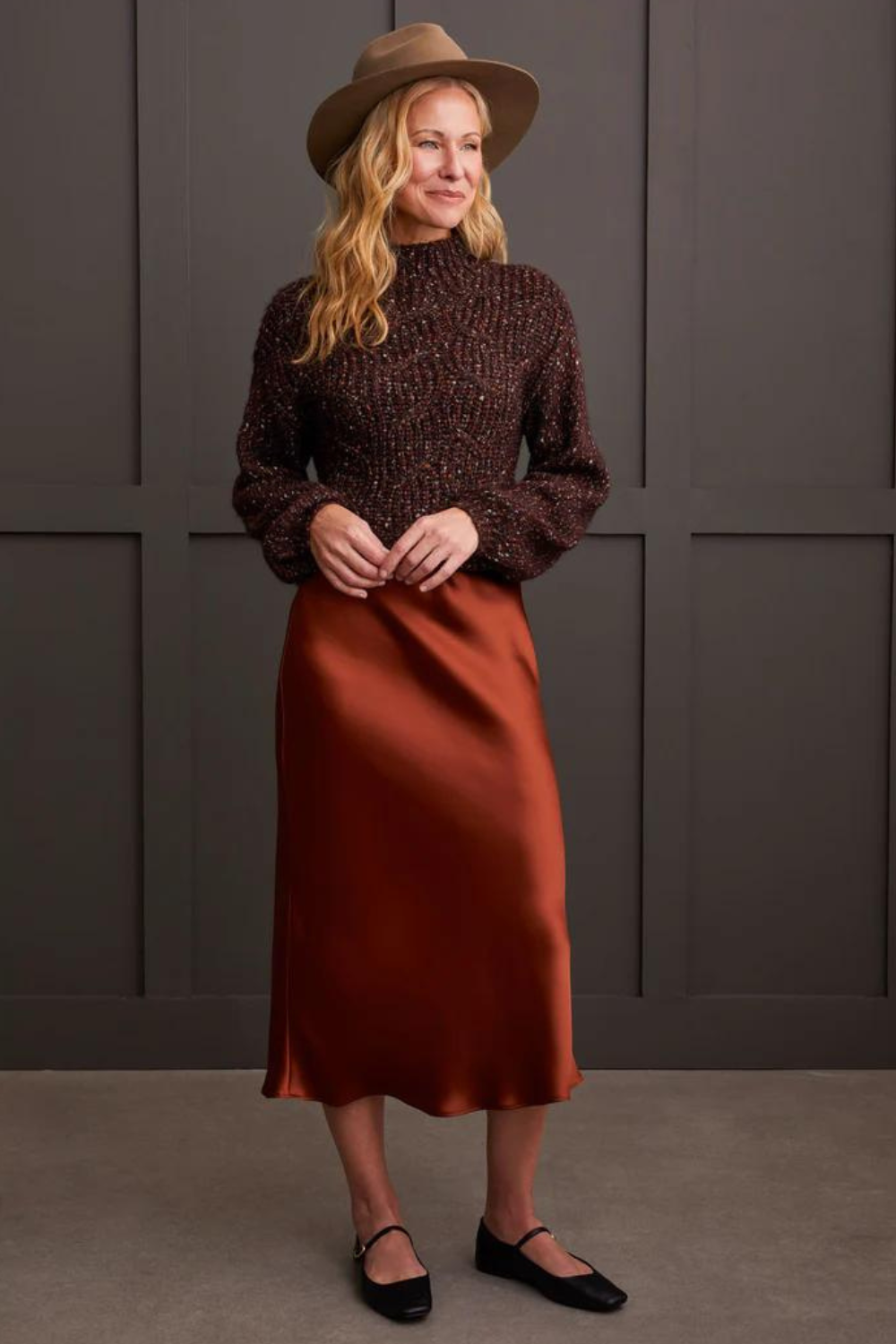 Tribal Pull-On Elastic Waist Midi Skirt - Marsala