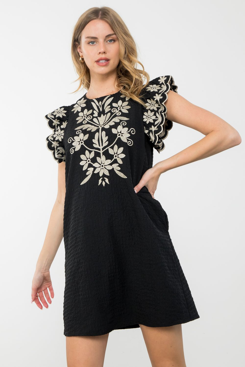 THML Flutter Sleeve Embroidered Dress