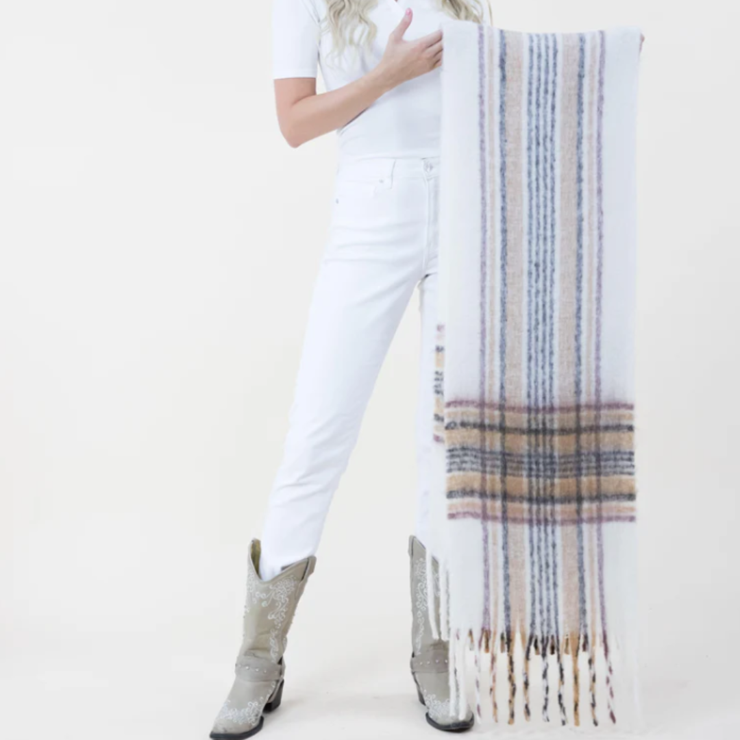 Very Moda Boho Madras Plaid Scarf - Beige