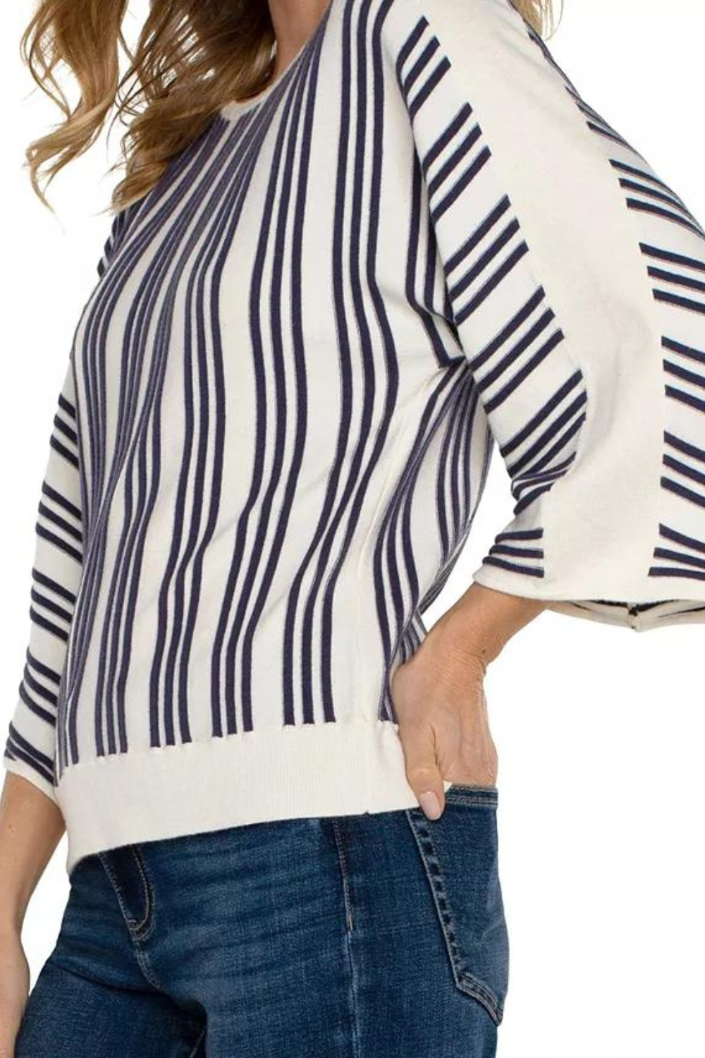 Liverpool 3/4 Sleeve Boat Neck Dolman Sweater - Cream & Navy Stripe