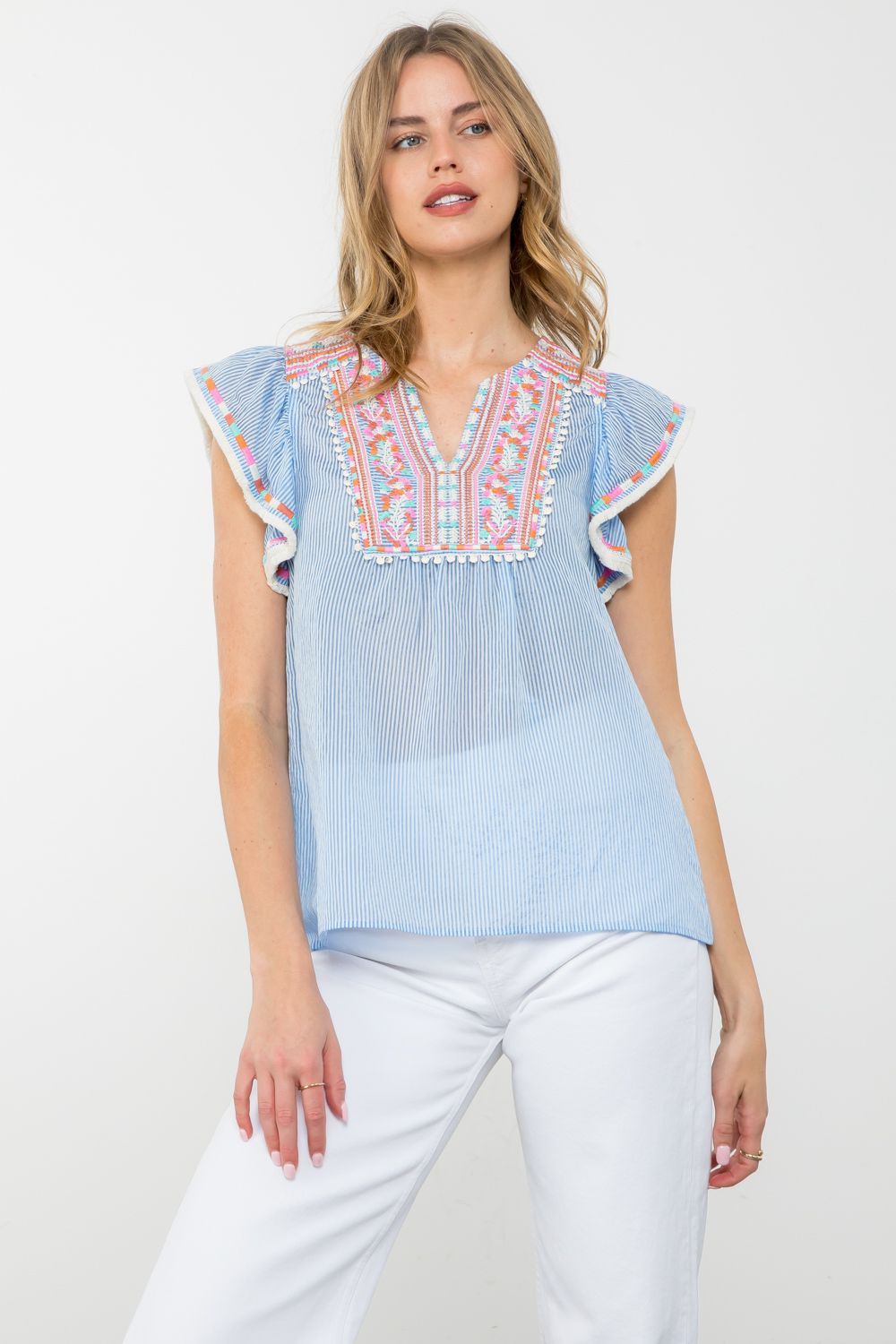 THML Embroidered Detail Striped Top