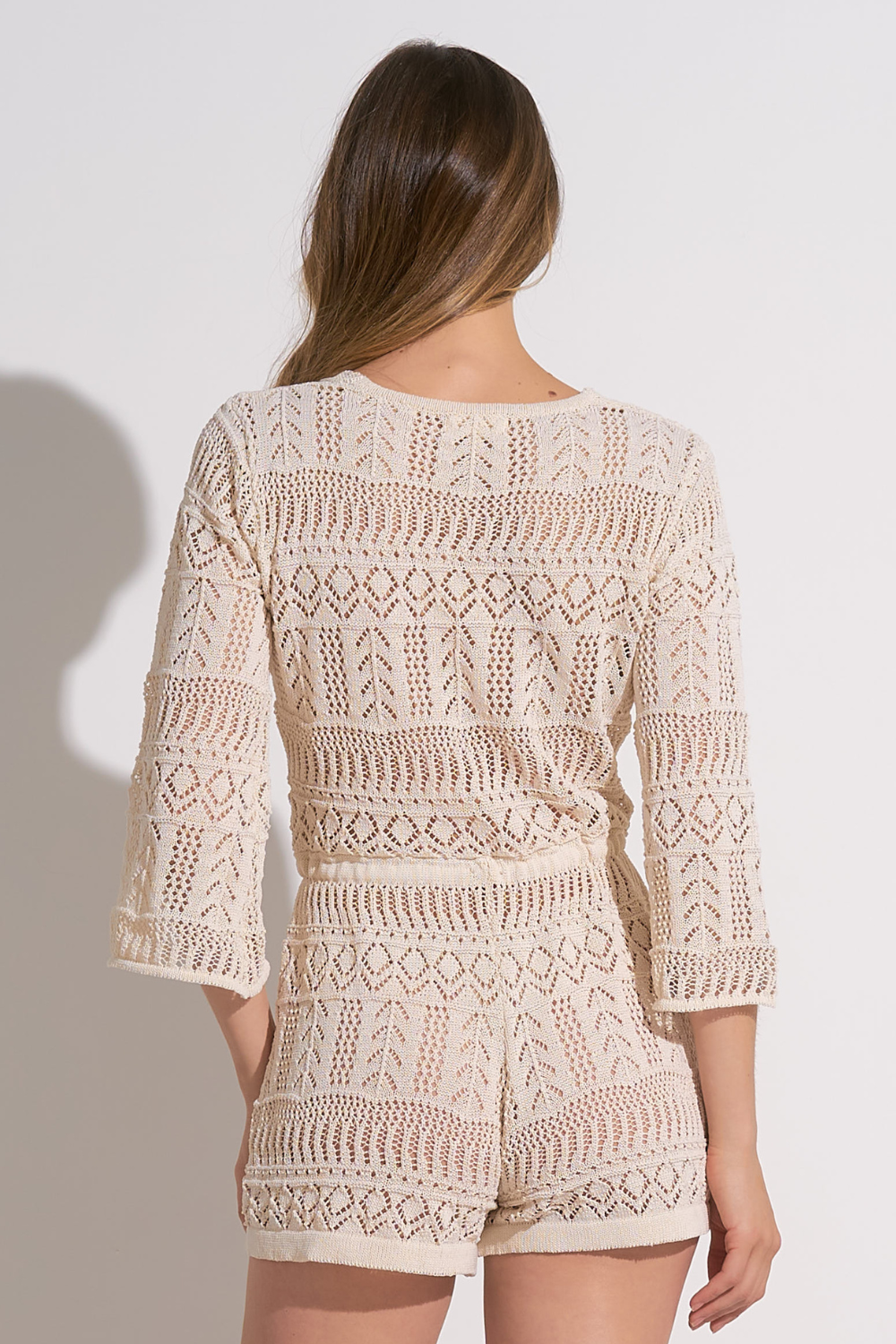 Elan Crochet Bell Sleeve Romper Coverup