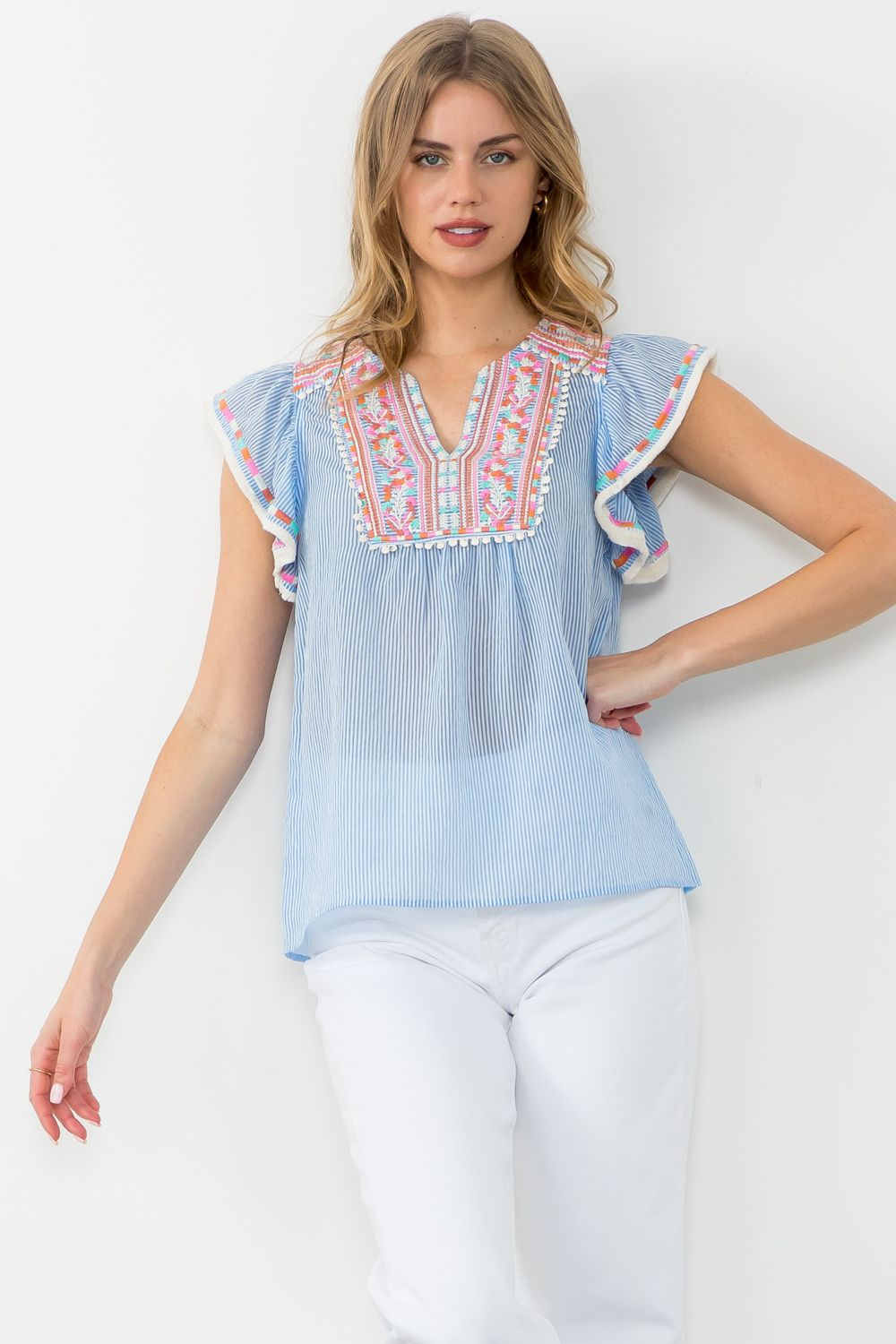THML Embroidered Detail Striped Top