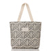 Tote bag with geometric pattern and visible brand label on a white background