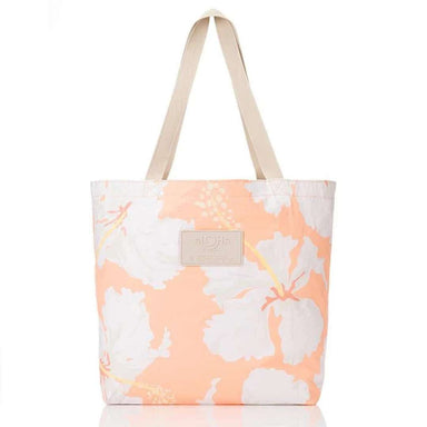 Floral peach tote bag with a visible brand label on a white background