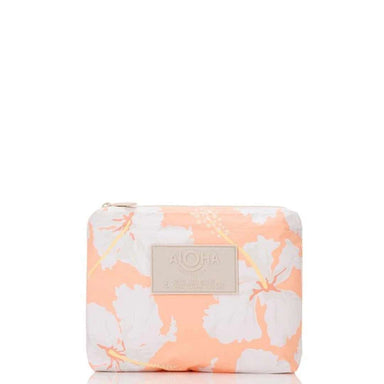 Floral patterned pouch with a visible brand label on a white background