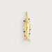 Gold fish-shaped pendant with colorful accents on a light gray background