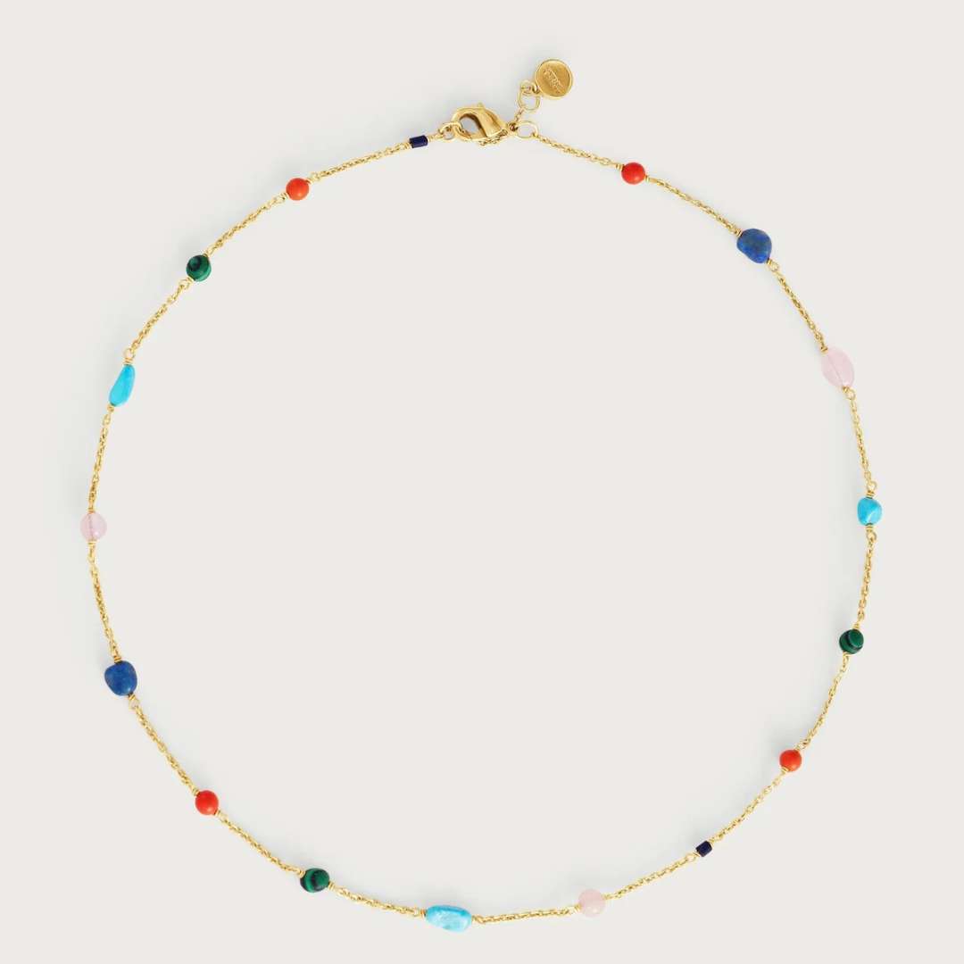 Necklace with colorful beads on a light gray background