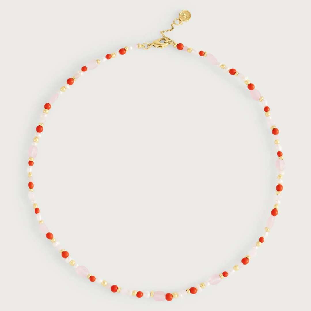 necklace with multi colored pink beads on a white background