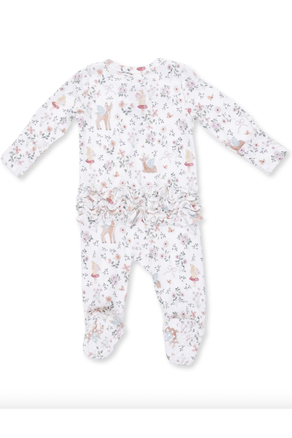 A baby footed long-sleeve romper in white with a delicate, all-over woodland print featuring deer, rabbits, and small flowers in muted pink, beige, and gray tones.