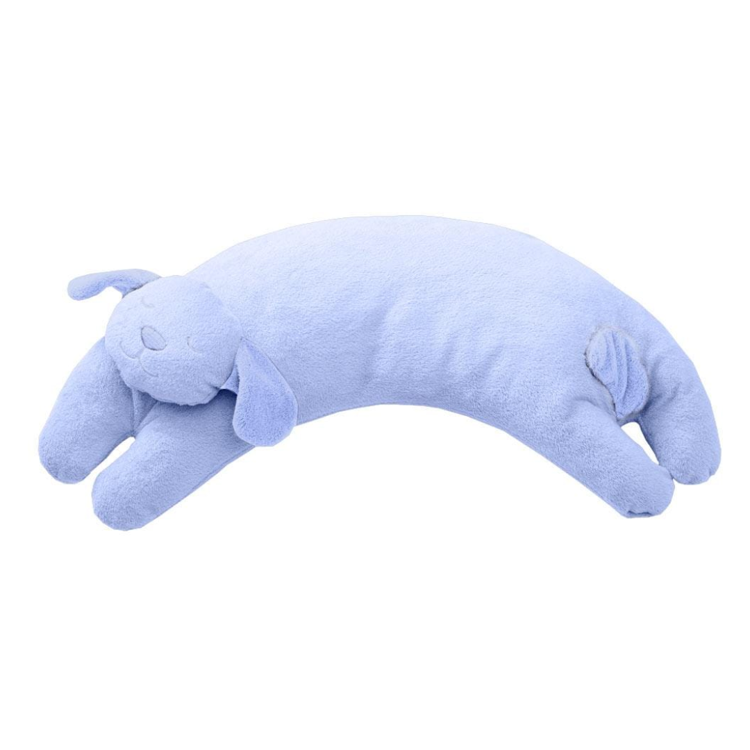 A light blue sleeping dog plush pillow, shown in a side-profile curled-up pose on a solid white background.