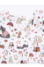A close-up of a white baby garment or fabric with a whimsical woodland print featuring bears, mushrooms, trees, flowers, and the text 'LITTLE EXPLORER'.