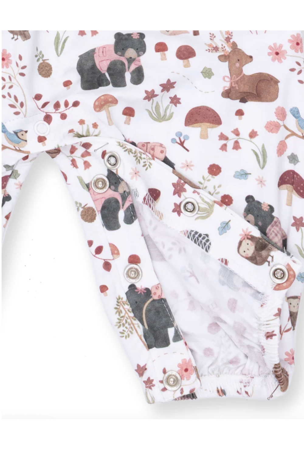A close-up of a white fabric garment, likely a baby blanket or soft toy, featuring an all-over woodland print with bears, deer, mushrooms, flowers, and leaves in muted earthy tones.
