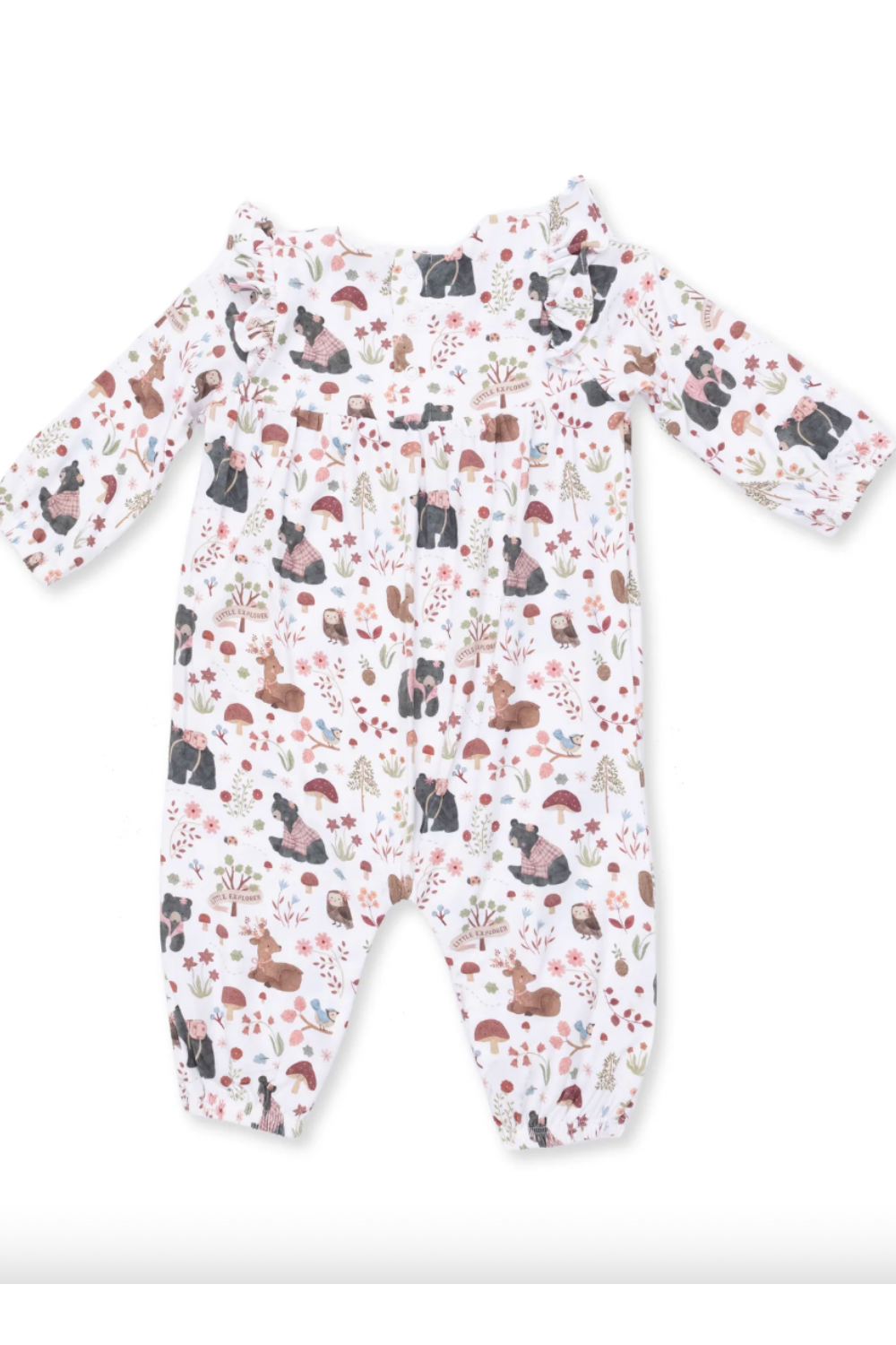 A baby long-sleeve footless one-piece romper with a white background and an all-over print of woodland animals, including foxes, rabbits, squirrels, birds, and trees in muted earthy tones.