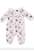 A baby long-sleeve footless one-piece romper with a white background and an all-over print of woodland animals, including foxes, rabbits, squirrels, birds, and trees in muted earthy tones.