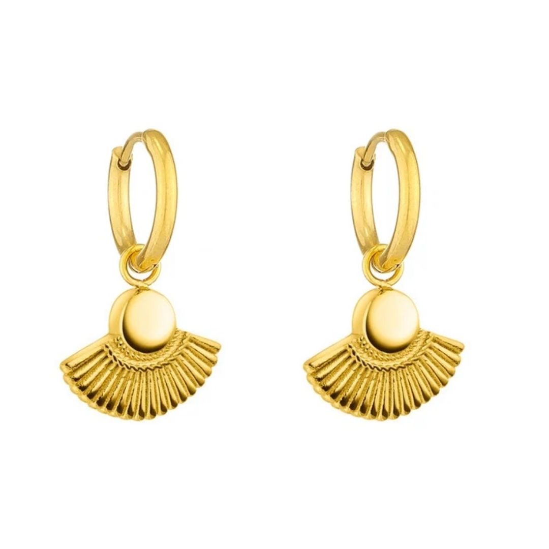 Gold hoop earrings with fan-shaped dangling charms on a white background