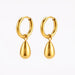 A pair of gold hoop earrings with teardrop-shaped dangling charms, shown on a clean white background.