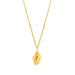 A gold necklace featuring a textured, organic-shaped pendant on a delicate chain with small bead accents, shown against a plain white background.