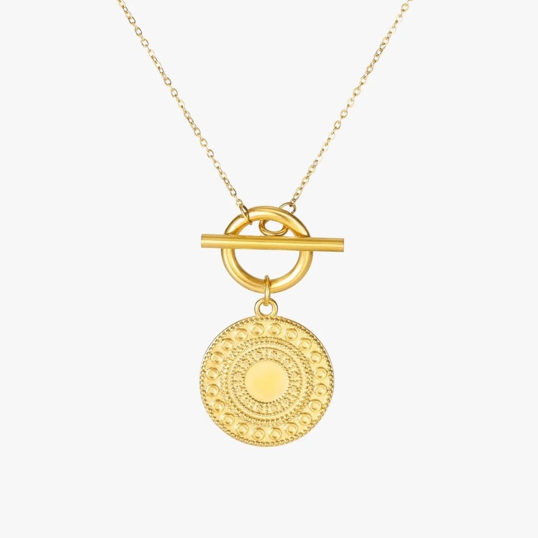 A gold necklace featuring a circular textured pendant with a toggle clasp, shown against a plain light gray background.