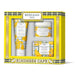 Beeeman 1802 Kindness Cafe gift set containing a hand cream, a blossom body butter jar, and a soap bar, all in a yellow and white patterned box.