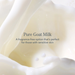 Close-up of pure goat milk with text highlighting its fragrance-free nature for sensitive skin.