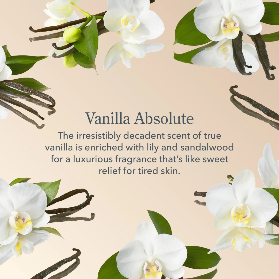 Vanilla Absolute product description with vanilla beans and flowers on a beige background