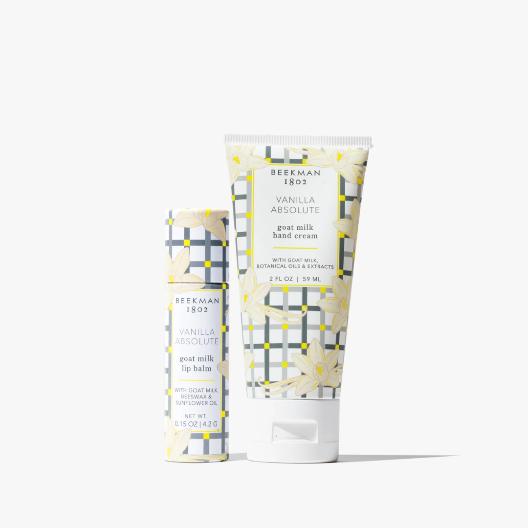 BeeMan 1807 Vanilla Absolute hand cream and lip balm set in a clean studio shot. The set includes a 2 fl oz hand cream tube and a 0.