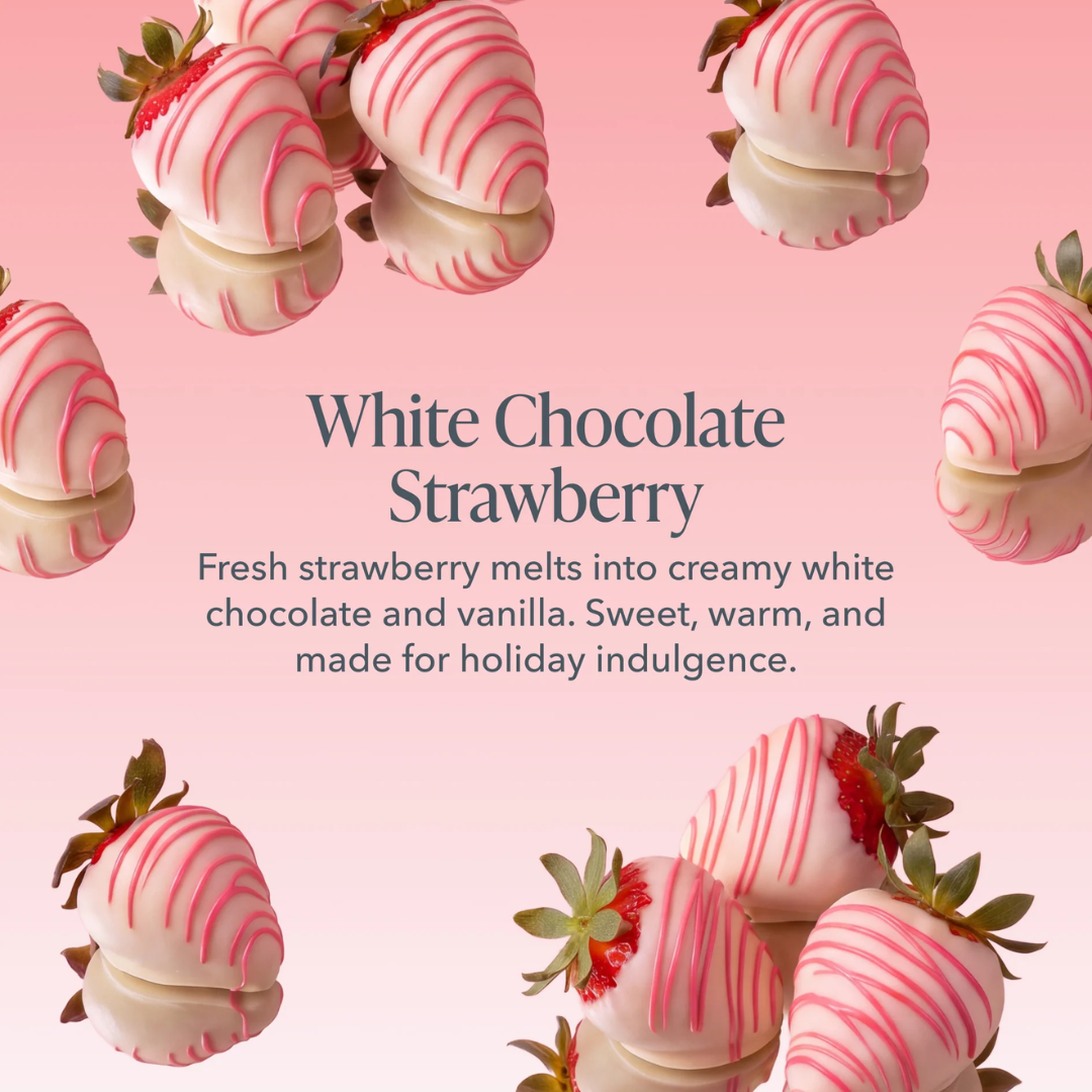 White chocolate strawberries with pink drizzle arranged around centered text reading 'White Chocolate Strawberry' and a descriptive tagline on a soft pink background.