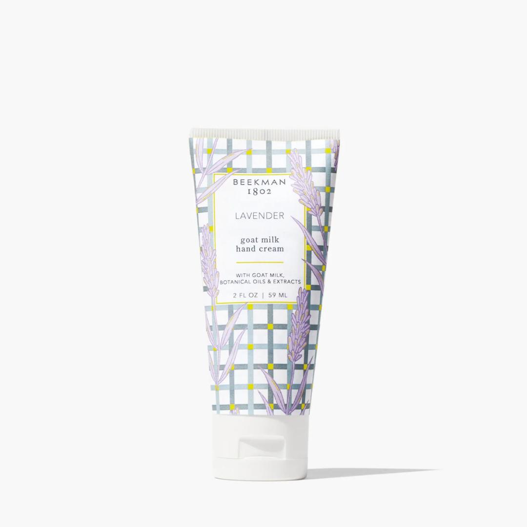 Beekman 1802 lavender goat milk hand cream on a white background