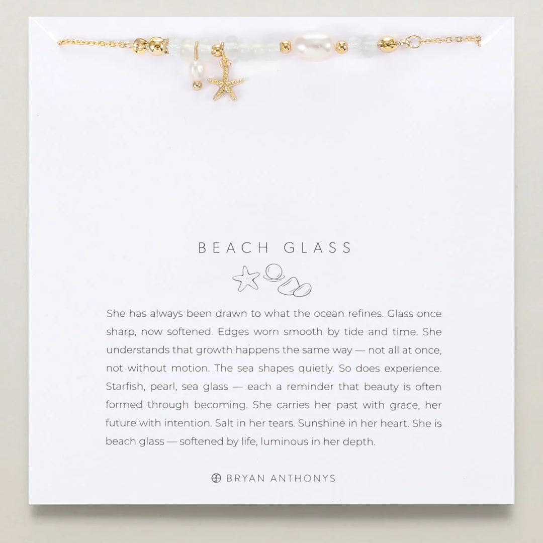 Bracelet with starfish and pearl charm on a card with 'Beach Glass' description and Bryan Anthonys branding.