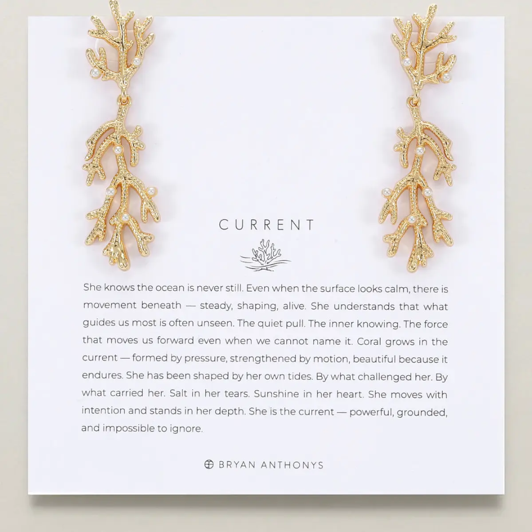 Gold coral-themed earrings on a 'CURRENT' branded card with a quote by Bryan Anthonys.