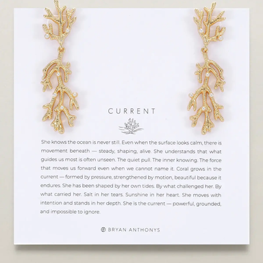 Gold coral-themed earrings on a 'CURRENT' branded card with a quote by Bryan Anthonys.
